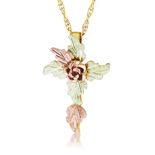 10k Yellow Gold 3D Rose Cross Pendant Necklace for Women, Teen Girls, 12k Green and Rose Gold Flower Accents with Jewelry Box and 18 Inches Chain