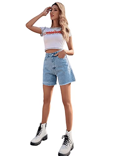 Sweatyrocks Women's High Waist Denim Shorts Straight Leg Raw Hem Jean Shorts Summer Hot Pants With Pockets Light Wash L #TOP3