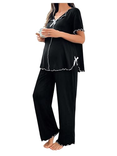 OYOANGLE Women's Maternity Pajama Set Bow Lettuce Trim Tops and Pants Black