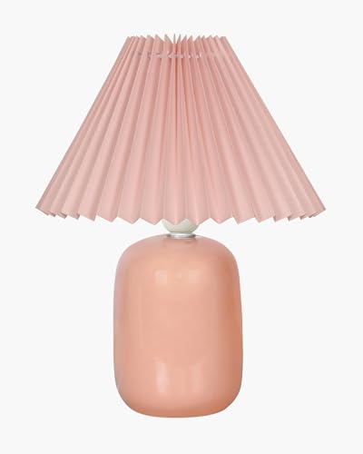 Image of Homesake Modern Small Ceramic Table Lamp, Classic Bedside Desk lamp for Living Room Bedroom, Farmhouse Nightstand Lamps Side Table Lamp Kids Room Glossy Dovel, Pink Pleated Shade
