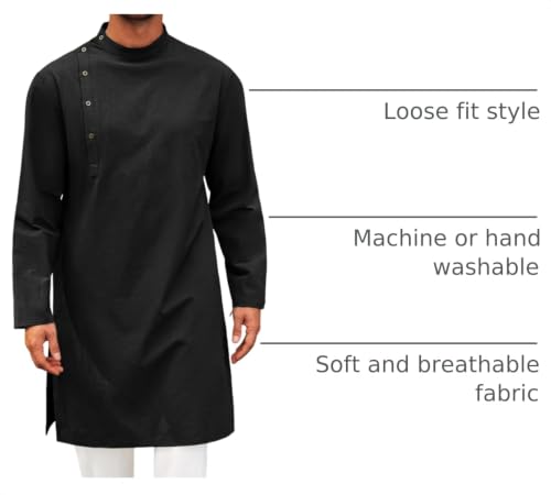 Image of Runcati Mens Kaftan Thobe Robe Long Sleeve Cotton Henley Shirt Casual Muslim Gown Salwar Kurta