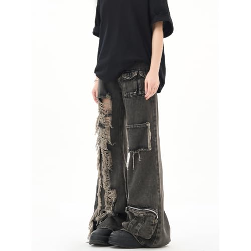 Fashion High Waist Baggy Wide Leg Fringe Ripped Jeans Y2K Vintage Casual Straight Denim Pants with Pocket4