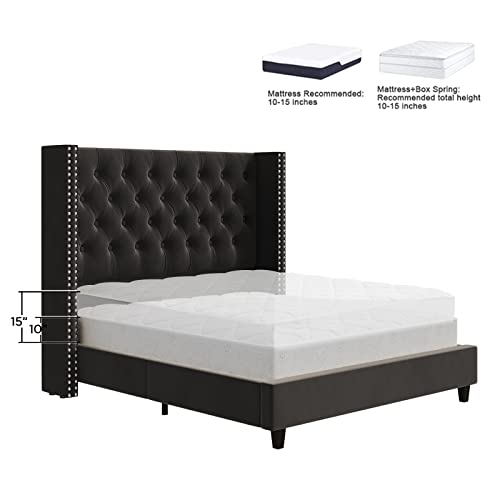 Jocisland Queen Size Platform Bed Frame Velvet Upholstered Bed Deep Button Tufted Wingback Headboard/No Box Spring Required/Wood Slat Support/Easy Assembly/Black #TOP4