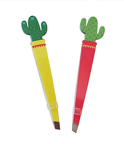 Cute Cactus Tweezer Set (Pack of 2) Slant Tweezers Assorted Set Southwestern Souvenir Gift Tweezer Bundle (2 pack - pink & yellow)