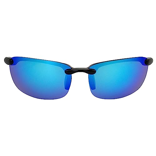 Nevis Polarized Sunglasses for Men or Women Rimless Sports Wrap Black Temples w/Blue Mirror Lens2
