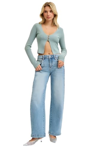 Risen Jeans - Mid Rise Fit Wide & Barrel Transferable Leg Snap Closed Hem Jeans - PW21255
