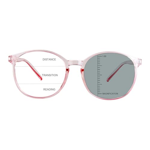 Image of Vintage Round Progressive Multifocal Presbyopic Glasses, Photochromic Gray Sunglasses for Men Women Readers (Clear Pink,+1.00 /+4.00 Magnification)