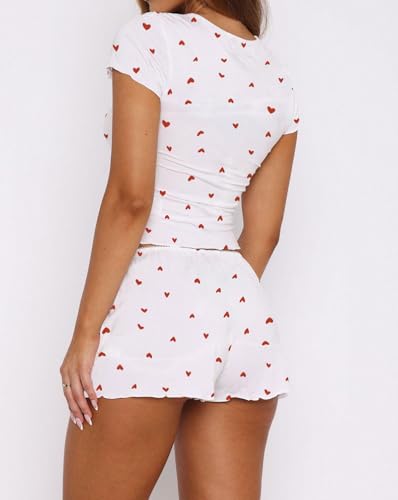Image of Lacozy Cute Pajamas for Women Set 2 Piece Short Sleeve Pjs Floral Graphic Crop Top Y2K Summer Sleepwear Lounge Set