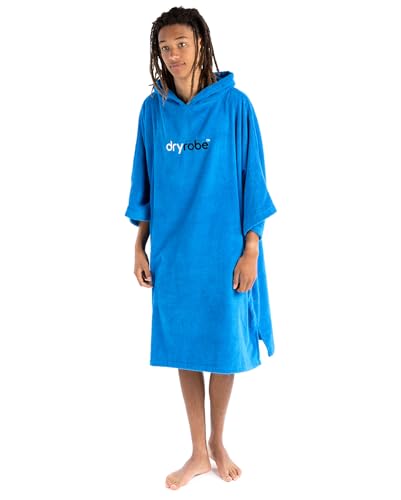Dryrobe Towel Swim Robe - Hooded Surf Poncho Changing Robe - Organic Cotton - for Swimming, Beach, Surfing - Short Sleeve (Kids 10-13 - Cobalt Blue)