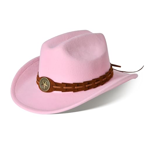 Image of Willheoy Kids Cowboy Hat for Girls Boys Western Cowgirl Hat with Buckle Belt Unisex Wide Brim Fedora Hat Dress Up Costume