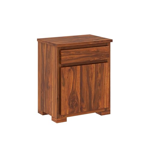 Image of Solid Sheesham Wood Bedside Table with 1 Drawer & 1 Door Storage, End Table, Side Table for Bedroom, Living Room, Home (Natural Finish)
