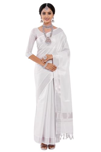 Image of Women's Kerala Tissue Plain Saree with Running Blouse| Onam & Vishu Kani Special | Traditional Kasavu White Colour