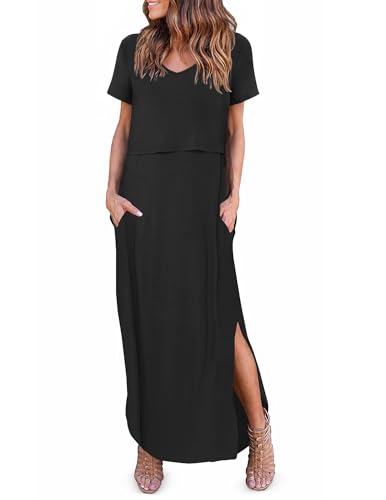 Ekouaer Womens Maternity Nursing Dresses Summer Short Sleeve Split Long Dresses for Breastfeeding Black M