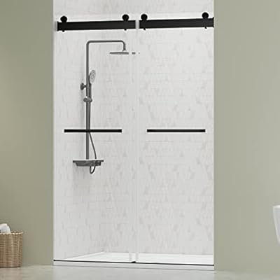 DELAVIN 44"-48"W x 75"H Frameless Shower Door, Double Sliding Shower Door, 5/16"(8mm) Clear Tempered Glass, Noiseless Shatterproof Shower Doors with Square Rail, Stainless Steel, Aluminum, Matte Black