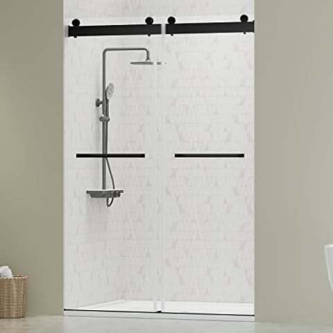 DELAVIN 44"-48"W x 75"H Frameless Shower Door, Double Sliding Shower Door, 5/16"(8mm) Clear Tempered Glass, Noiseless Shatterproof Shower Door with Square Rail, Stainless Steel, Aluminum, Matte Black Cover