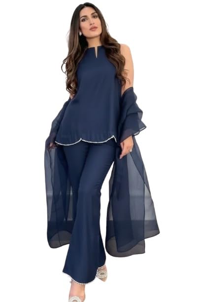 Image of Women's Teal Chiffon Kurta with Dupatta and Palazzo Pants, 3-Piece Ethnic Suit Set