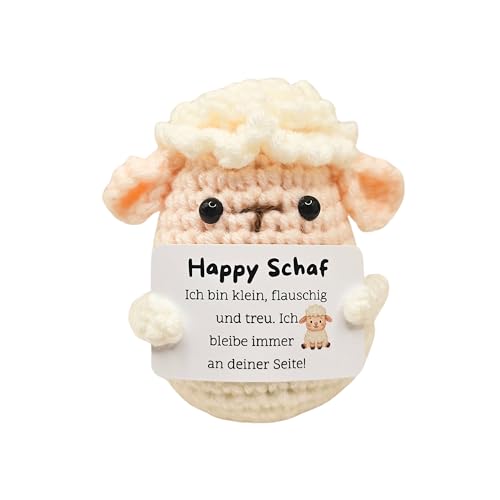 Mutzauber- Happy Strickfigur Schaf Pocket Hug Figur Glücksfigur in Schaf Süßes Tier | Süßes Motivationsgeschenk & Glücksbringer für Prüfungen Mutmacher (Schaf einzeln)