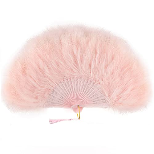 BABEYOND Marabou Feather Fan 20s Vintage Folding Fan Flapper Hand Fan for Costume Dancing Show Tea Party Wedding Decoration (Pink-Pink Rib)