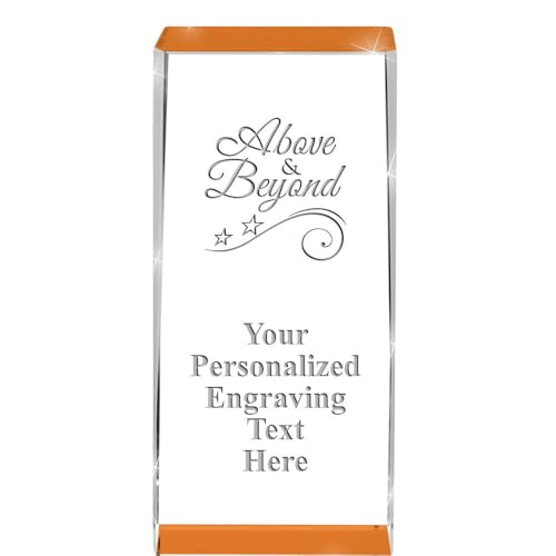 Crown Awards Customizable Crystal Trophy, 4.5" Engraved Above and Beyond Orange Spotlight Crystal Award
