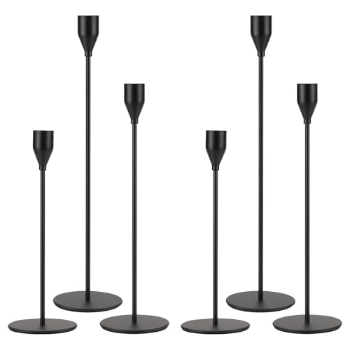 Set of 6 Matte Black Tall Metal Candle Holders | 3 Heights for Layered Centerpiece Rustproof with Velvet Base | Fits Taper & Pillar Candles | Wedding Dining Table Holiday Gift