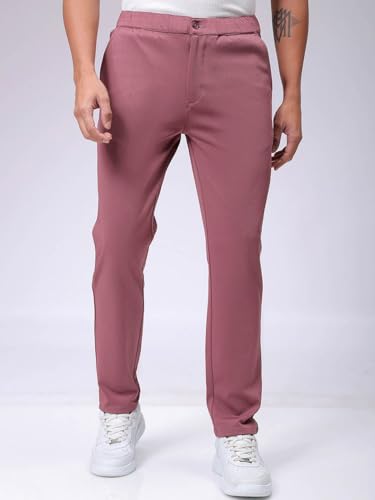 Image of The Indian Garage Co Men Slim Fit Solid Mid-Rise Stretchable Knitted Jogger Trousers