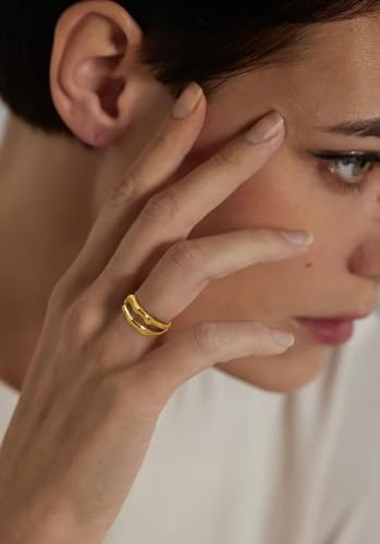 18K Gold Plated Stainless Steel Bamboo Double Band Ring for Women – Stackable Dainty or Chunky Non-Tarnish Jewelry Gift for Wedding, Anniversary, Everyday Wear Size 6 7 83