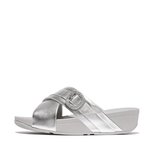 Image of FitFlop Women's Lulu Crystal-Buckle Leather Cross Slide Sandal