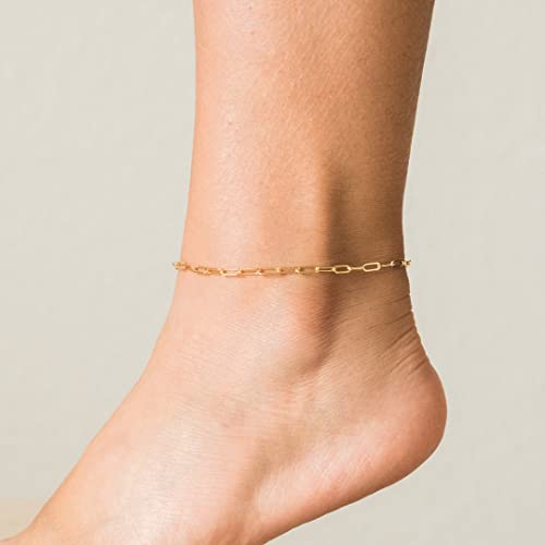 Image of NONAMOIS Ankle Bracelets for Women Dainty 18K Gold Plated Anklet Waterproof Round Beaded Paperclip Herringbone Pearl Chain Anklets Waterproof Beach Foot Jewelry