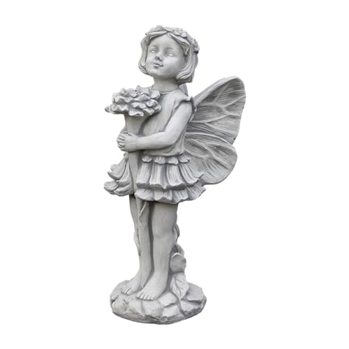 gartendekoparadies.de Bezaubernde Elfe mit Blume, Steinfigur, H. 50 cm, 10 kg, Grau, frostsicher aus...