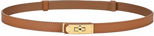 JULEX Skinny Leather Belt Women Solid Color Alloy Turn Lock Adjustable Waistband Thin Waist Belt with Metal Buckle for Pants Jeans Dresses Coat (Brown)