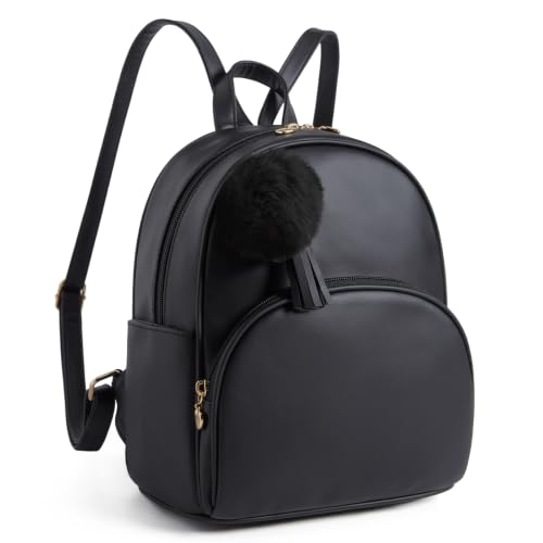 Image of ECOSUSI Mini Backpack for Women Vegan Leather Small Backpack Purse | Cute Pom Bookbag for Ladies Travel Shoulder Bag with Charm Tassel, Black