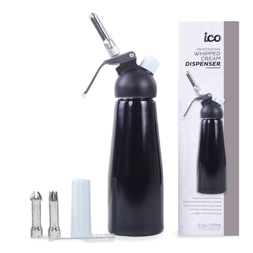 ICO Professional Aluminum Whipped Cream Dispenser for Homemade Whipping Cream, Whipped Cream Maker for Desserts, Dips, Sauces, and Infused Liquors, Black, 1-Pint