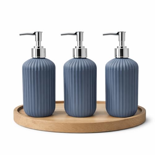 Image of LAGET 300ml Soap Dispenser for Wash Basin - Plane Ribbed Design | Kitchen and Bathroom Accessories Items | Refillable Handwash Dispenser Bottle- Set of 3 (Metallic Blue)
