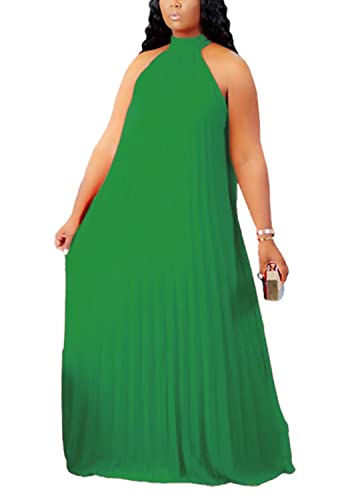 Image of Aro Lora Womens Casual Sleeveless Plus Size Chiffon Halter Neck Pleated Loose Long Maxi Dress