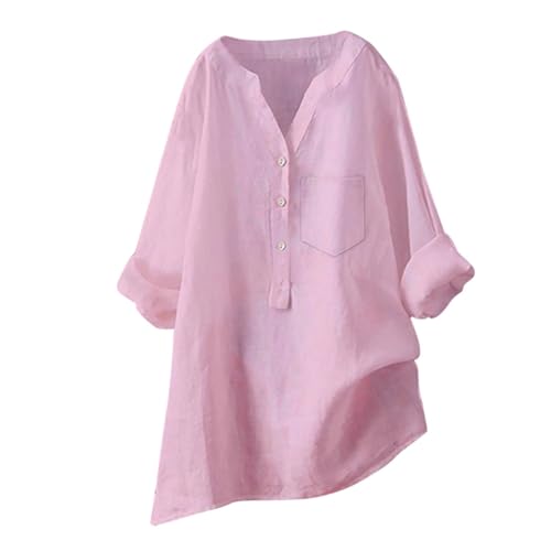 Linen Shirts for Women 2025 Buttons V Neck Cloths Long Sleeve Pockets Tshirt Trendy Dressy Blouses Casual Tunic Tops