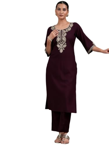 Image of Libas Womens Embroidered Viscose Straight Kurta for Women | Ethnic wear | Bridal Suit | Wedding Dress | Occasion wear