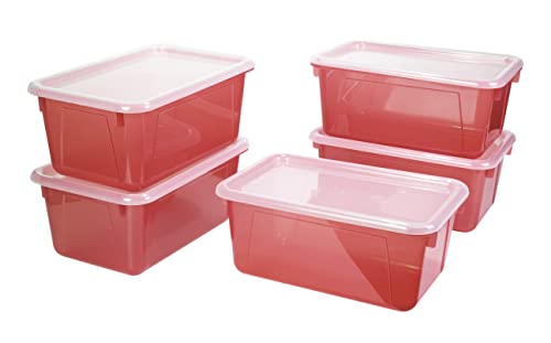 Image of Storex Small Cubby Bins - Plastic Storage Containers for Classroom with Non-Snap Lid, 12.2 x 7.8 x 5.1 inches, Tint Red, 5-Pack (62481A05C)