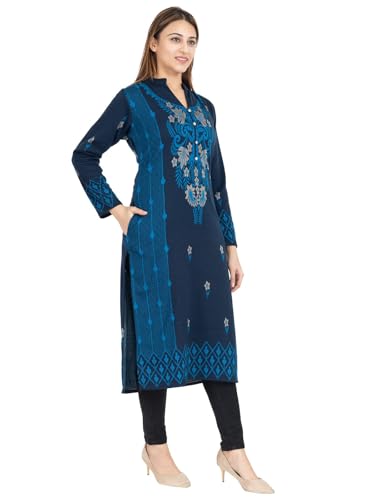 Image of Rosary Women's Winter Wear Jacquard Woolen Straight Kurti with 2 Side Pockets