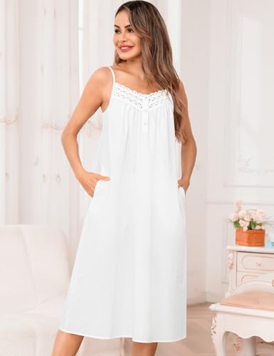 SWOMOG 100% Cotton Nightgowns for Women Lace Nightgown Sleeveless Sleep Dress Victorian Sleepshirt Button Strap Gown3