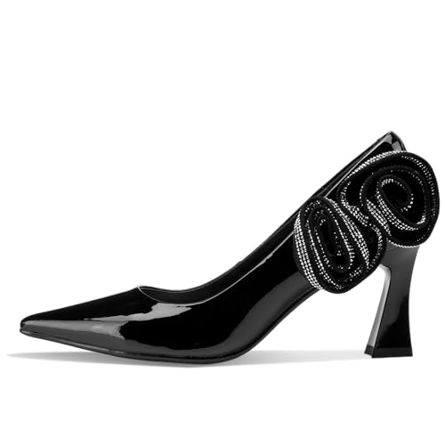 TDD Patent Leather Flower High Heels for Women Pointed Toe Pumps Closed Toe Chunky Block Dressy Comfortable Sexy Elegantes Wedding Slip On Formal Prom Sparkly 3 Inch Pump2