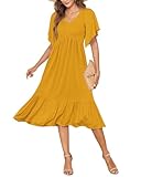 AUSELILY Women's Summer Empire Waist Dress Smocked Flutter Short Sleeve V Neck Midi Dresses 2026 Mustard Yellow M