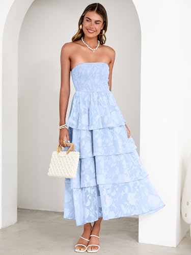 Image of Simplee Womens Summer Strapless Maxi Dress 2026 Boho Floral Off Shoulder Wedding Guest Dresses Tiered Beach Long Sundress