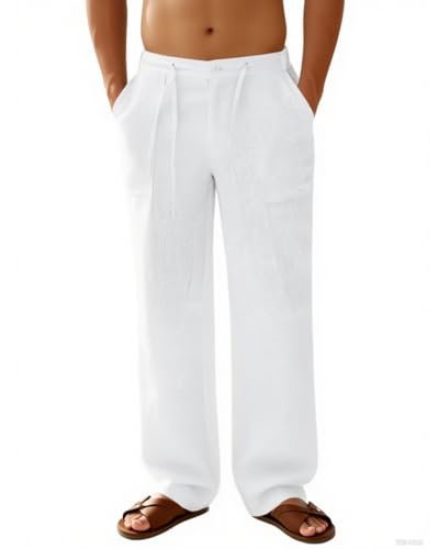 Men's Linen Pants Elastic Waist Drawstring Lightweight Casual Cotton Yoga Pants Loose Fit Summer Beach Long Trousers2