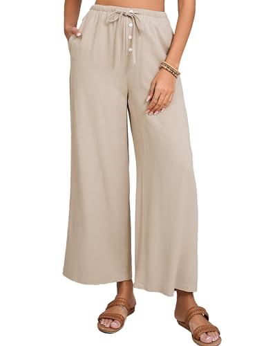 Fiona Jolin Womens Cotton Linen Pants Summer Casual Beach Pants Drawstring Flowy Wide Leg Palazzo Trousers with Pockets