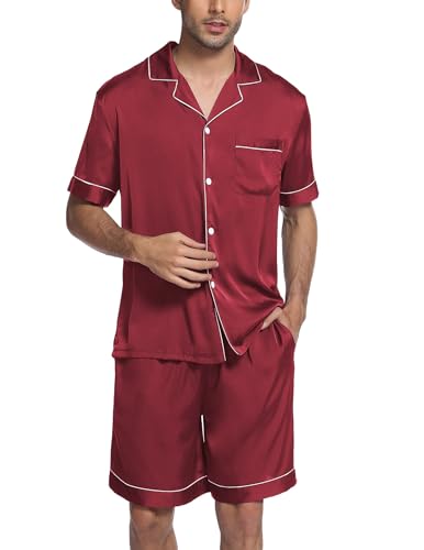 Image of Ekouaer Mens Satin Pajamas Set Button-Down Short Sleeve Shirt Top Soft Silk Sleepwear Shorts with Pockets