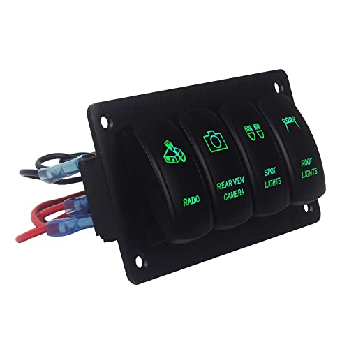 Image of 4 Gang UTV Rocker Switch Panel Pre-Wired Aluminum Green Led Marine Grade Boat Switch Panel for Truck Pontoon Camper ATV Console Waterproof 12V 24V IP66
