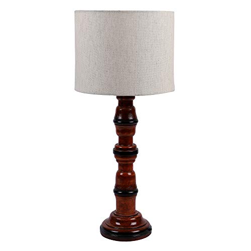 Image of tu casa Off White Cotton Flex Shade with Brown Mango Wood Base Table Lamp | Elegant Bedside & Desk Lamp for Bedroom, Living Room, Office, Home Decor & Gifting (Height : 21 Inch /No Blub Included)