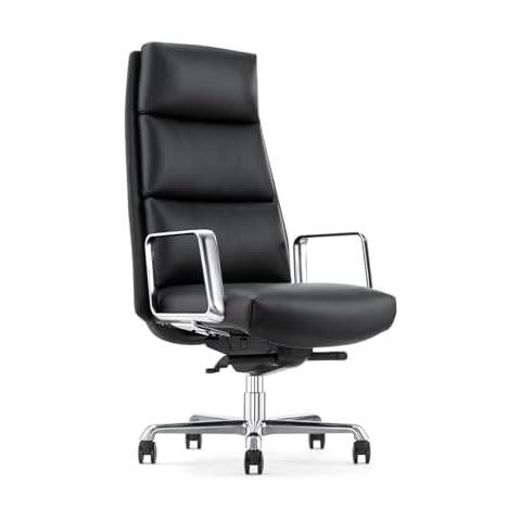 FURIJING Genuine Leather Aluminum Base High Back Executive Chair,Modern Ergonomic Real Leather Office Chair Boss Executive Chair with Synchro-Tilt Mechanism-Black. Cover
