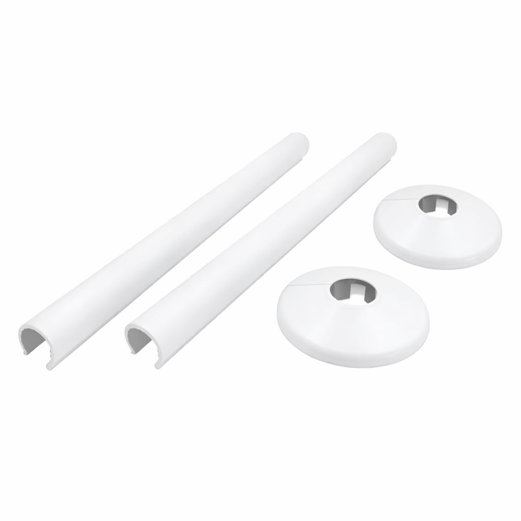 200mm White Retro Fit Snap On Plastic Radiator Sleeve Cover & Collar Sets Pair for 15mm Pipe — image 1