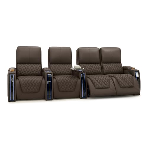 Image of Seatcraft Apex Brown Italian Leather Home Theater Seating, Zero Gravity Power Recliner Chair, Powered Headrest and Lumbar Gaming and Lounge Sofa Furniture for Cinema Room, Row of 4 Right Loveseats
